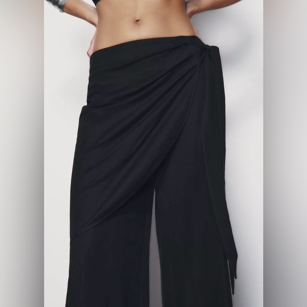 ZARA NWT Black Wrap Wide Leg Pants Trousers Elastic Waist Size Small pockets
